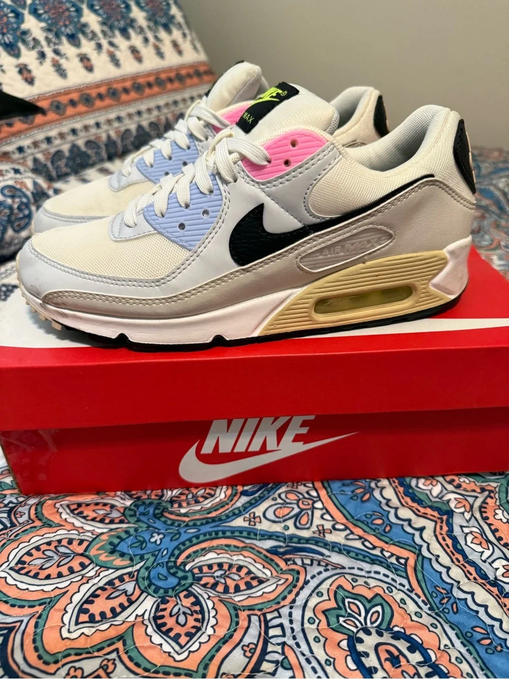 Nike Air Max 90 Low Top Sneakers - White with Black, Pink & baby blue Accents